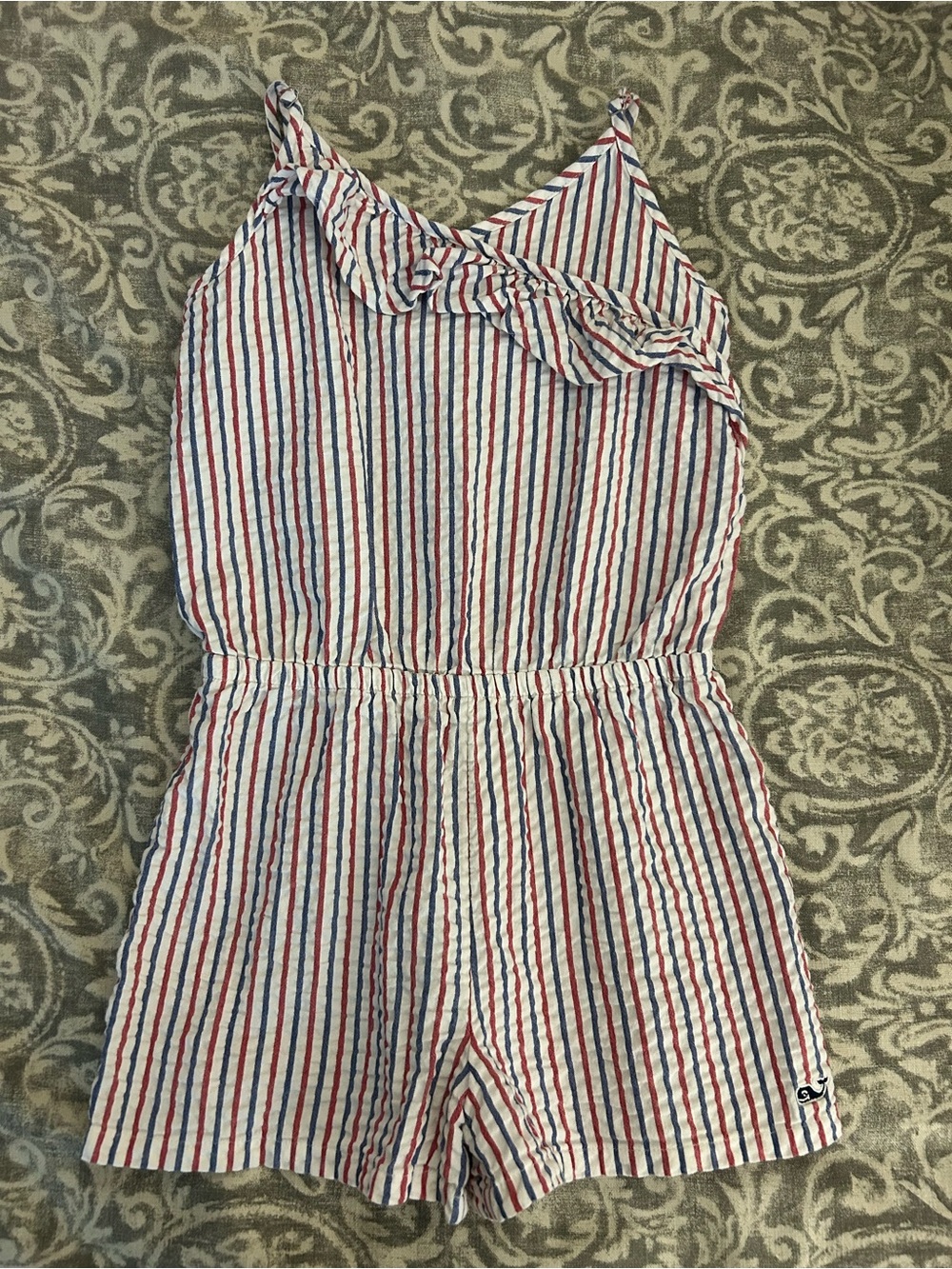 Vineyard Vines Red, White & Blue Striped Girls Romper with Ruffle